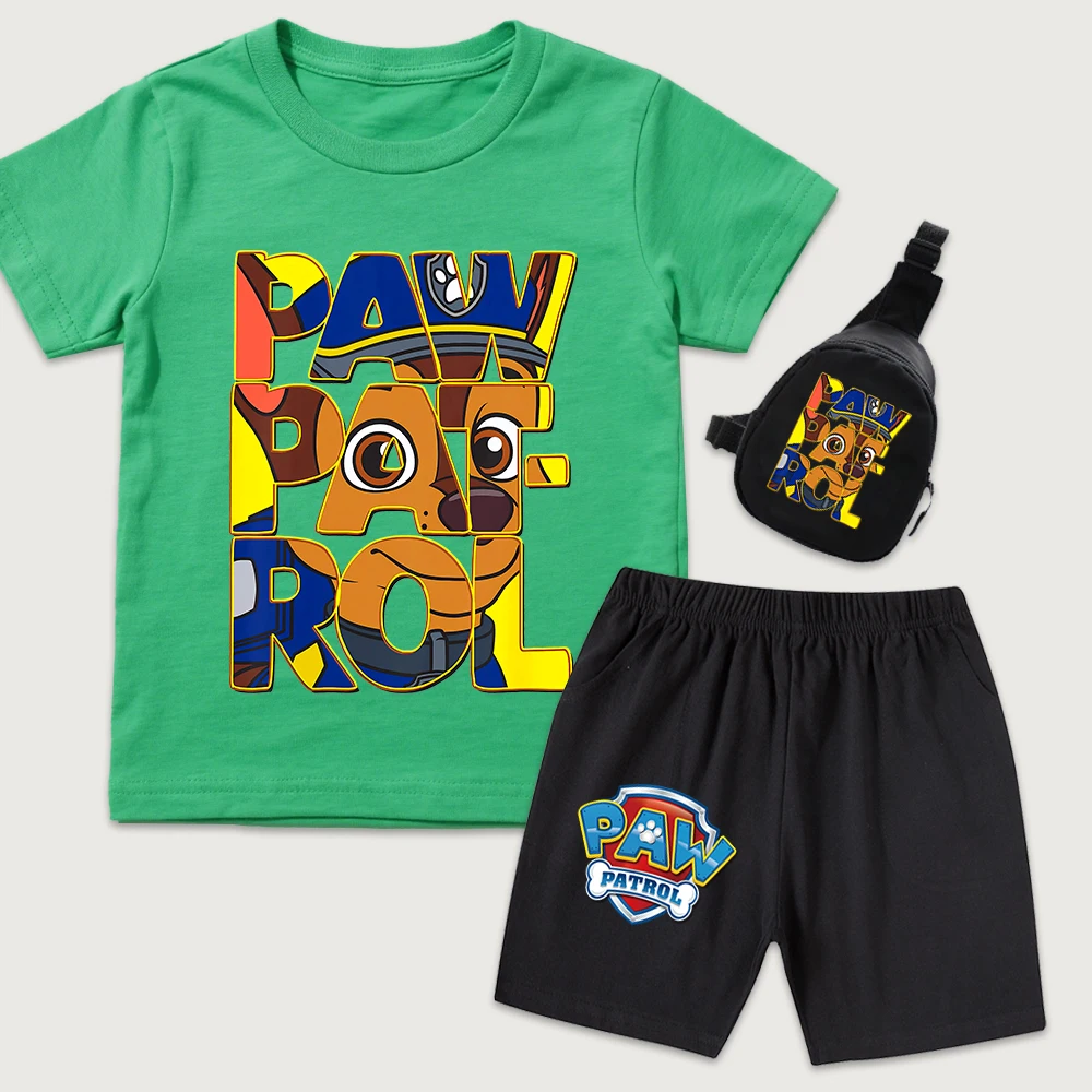 

Летний комплект одежды для маленьких мальчиков PAW Patrol: хлопковая футболка, шорты и мини-сумка на грудь, повседневный комплект детской одежды