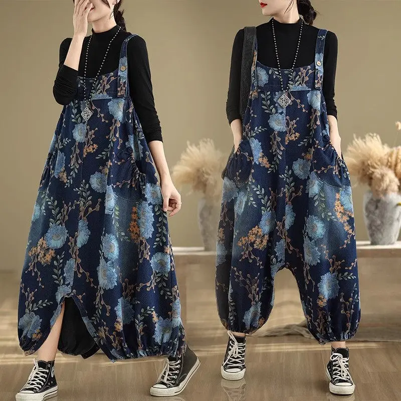 2026 Autumn And Winter Retro Personalized Printed Denim Wide Leg Pants Loose Oversized Jeans Overalls For Women Jumpsuit a572