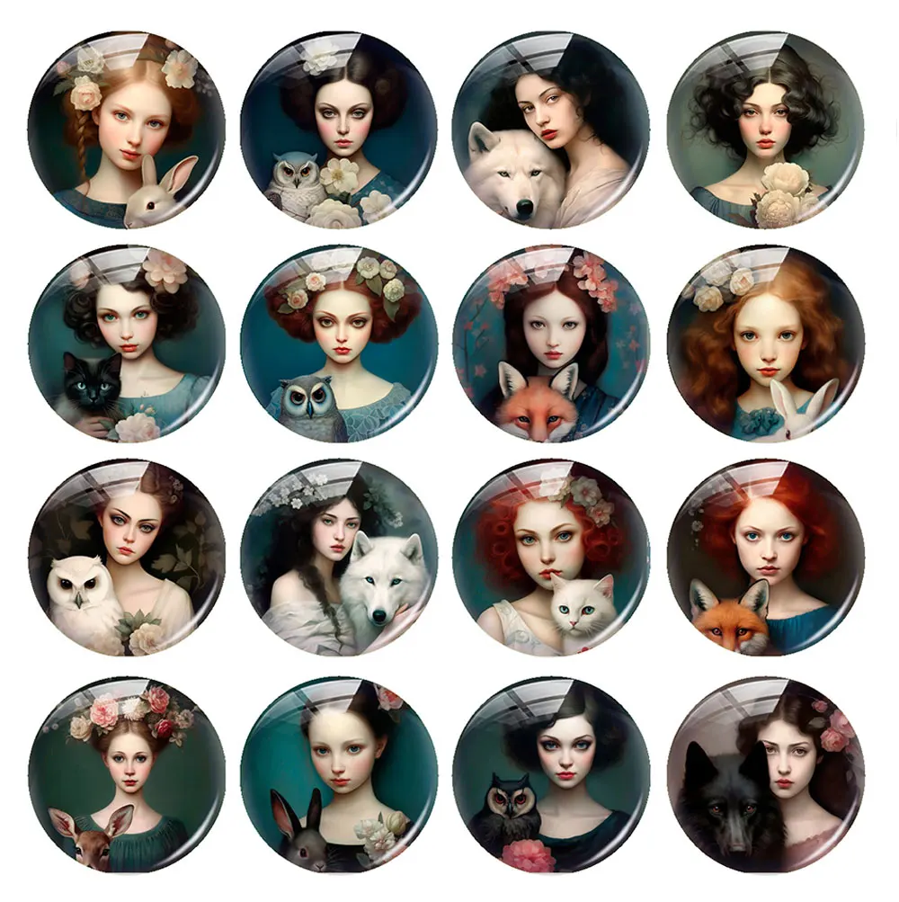 Random Mixed Round/Oval/Square Flower Girl Wolf Fox Rabbit Cat Photo Glass Cabochon Flatback Demo Cameo For Diy Jewelry Making view 2