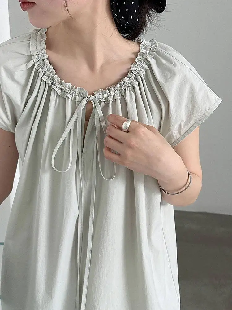 Women Gray Drawstring Ruffles Big Size Blouse New Round Neck Short Sleeve Shirt Fashion Tide Spring Summer