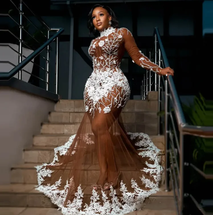 Plus Size Prom Dress Long Tulle Applique See Through Full Sleeves Transparent Mermaid Beading Prom Gowns Aso Ebi Evening Dresses