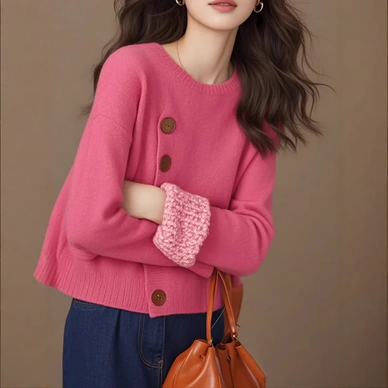 

Женские свитера на пуговицах, осенне-зимние теплые вязаные топы, пуловеры с длинными рукавами и круглым вырезом, однотонный женский повседневный свободный трикотаж