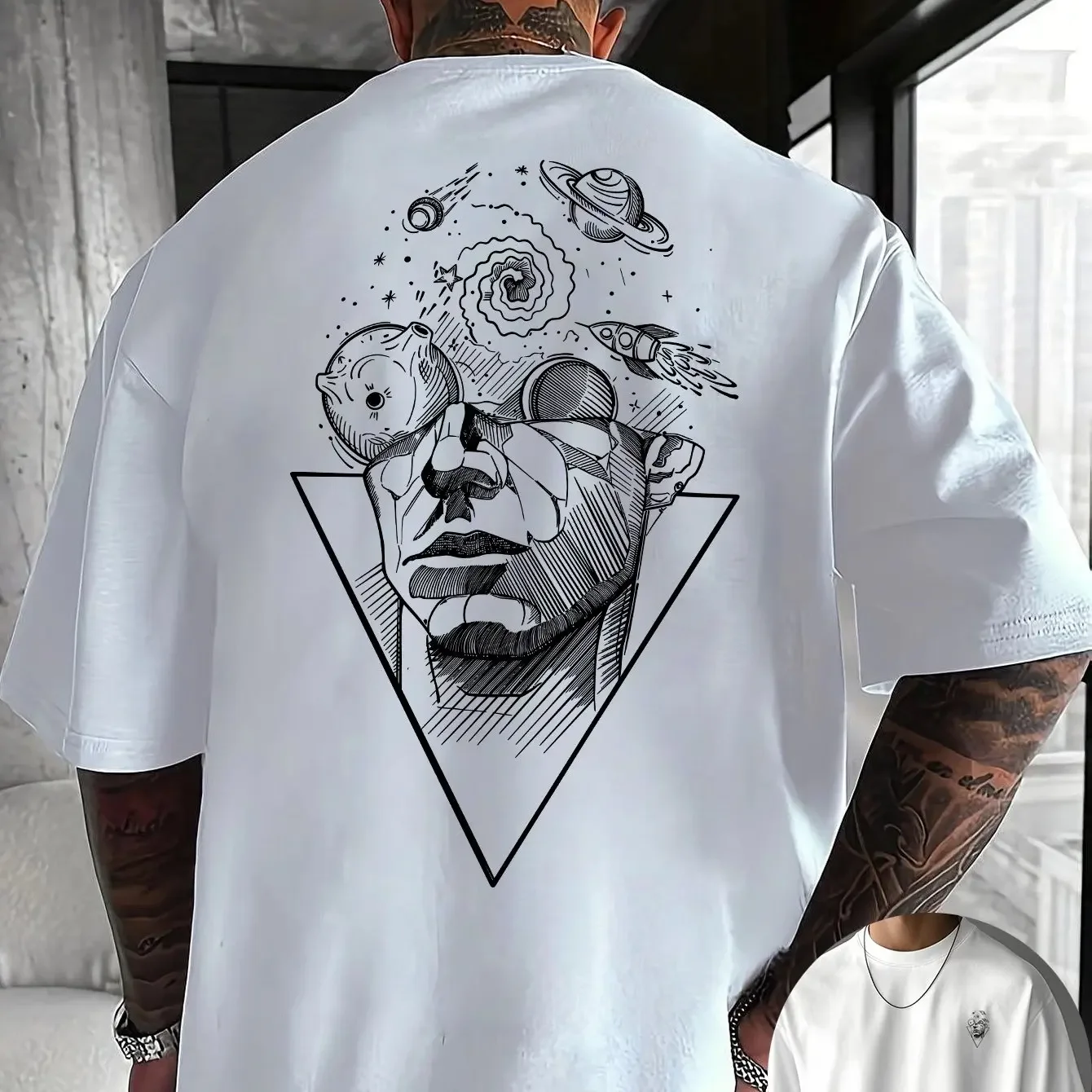 Stellar Consciousness Tee Featuring Gold Sketch of Face and Planets 100% Cotton Men's T-shirt Summer Trendy Casual Wear