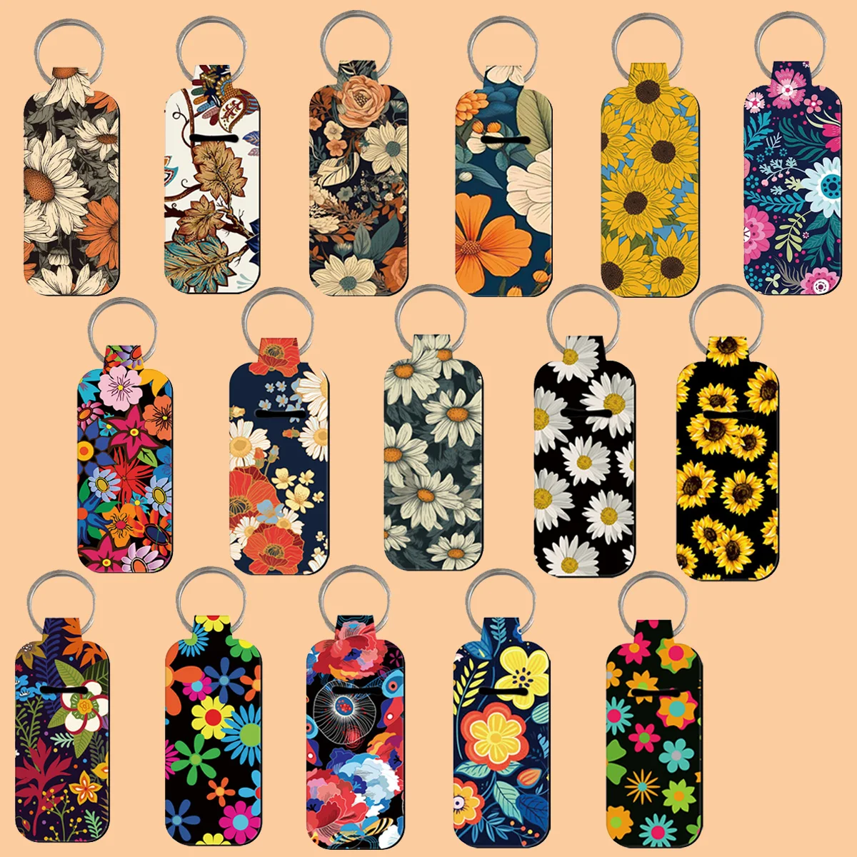 Sunflower Clip On Lipstick Holder Keychain Fashion Flowers Print Keyring Lip Balm Key Chain Bag Charms Travel Accessories