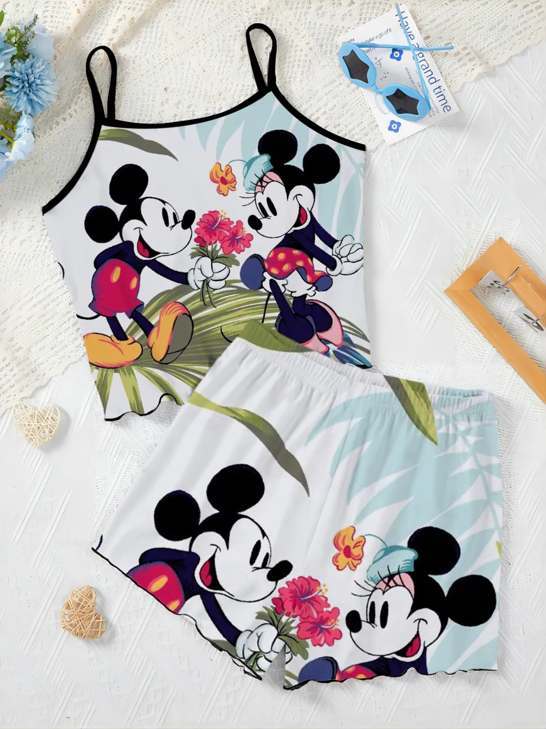 Disney-Ensemble T-shirt et jupe en laitue trempée pour femme, haut court, robe à enfiler, jupe pyjama, élégant, 2 pièces