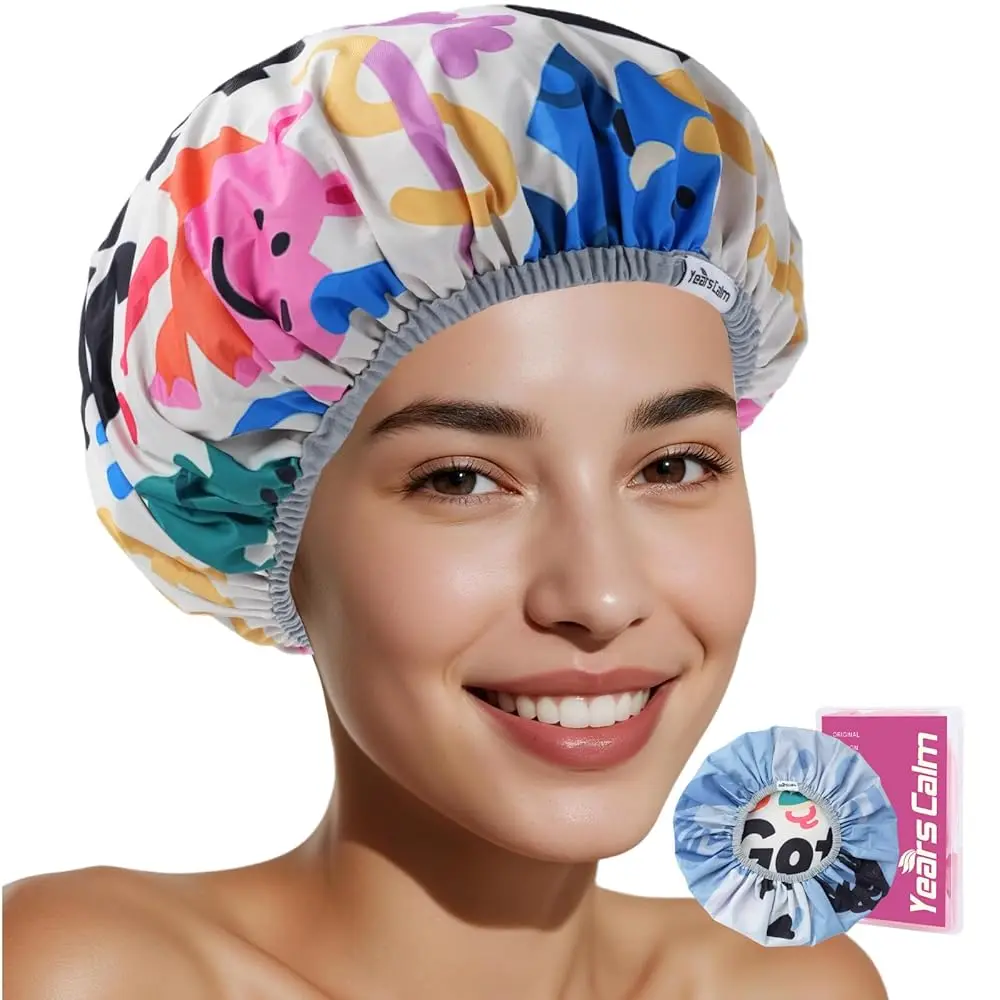 

Years Calm Waterproof Shower Cap for Women - Double Sided Design for Long Thick Hair, Secure Fit & Flexible Elastic Band, Reu