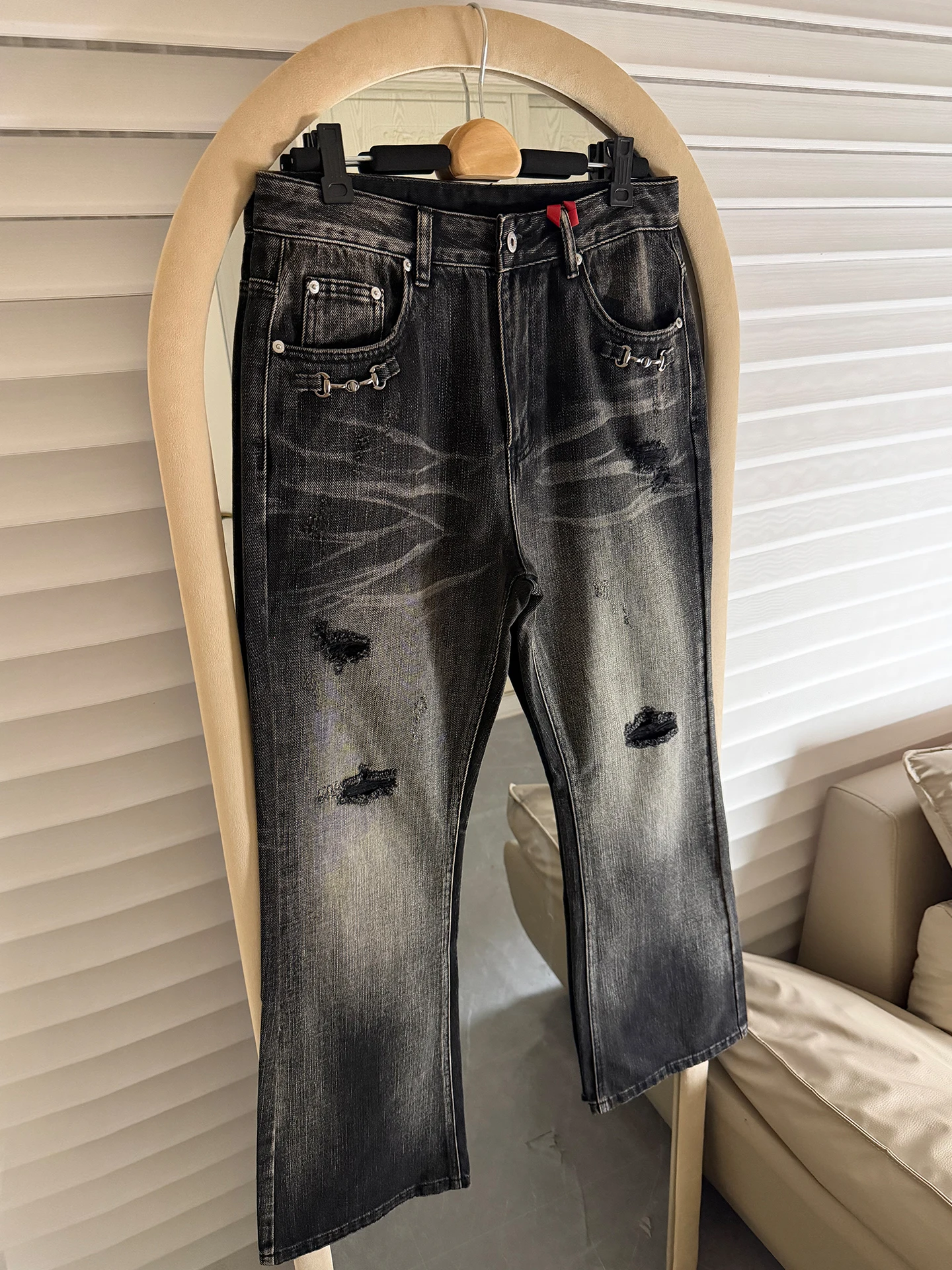 Calças Jeans Flare com Padrão de Ondas Estilo Parisiense Americano, Rasgadas, para Homens e Mulheres, com Perna Reta, Slim e ...