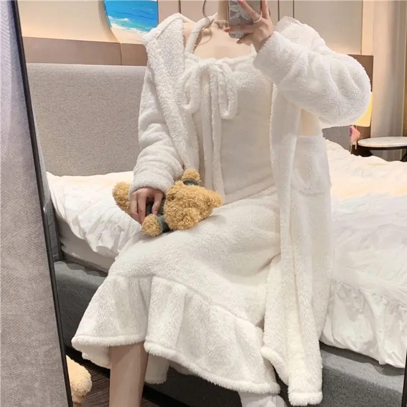 Winter Thicken Robe Sets Women Warm Velvet Lace-up Lovely Leisure Sexy Female Sleepwear Home Lounge All-match Comfortable Ins