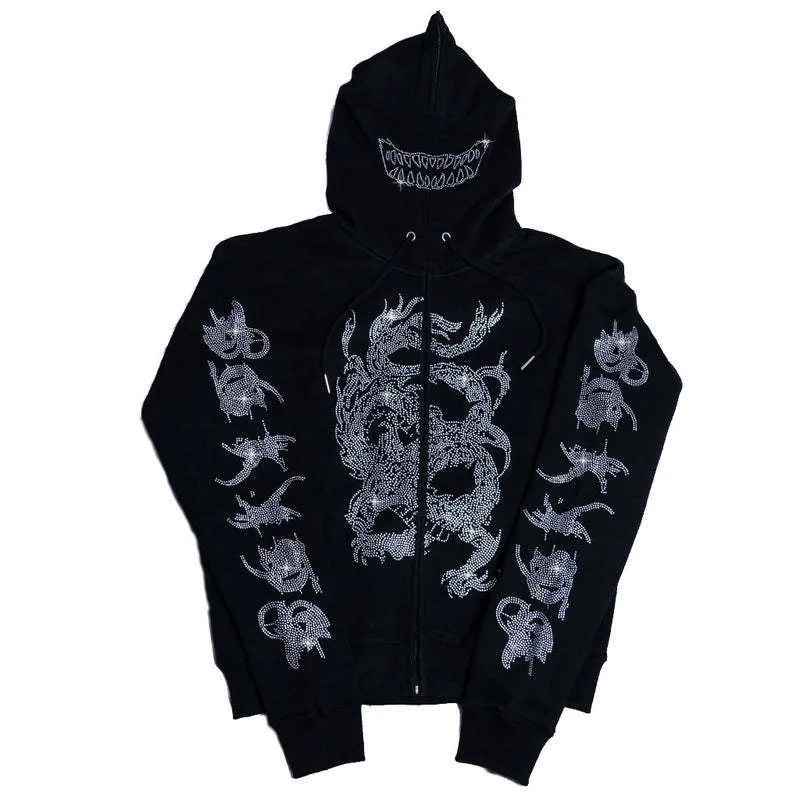 Y2K Fashion Hoodie Rhinestones letter graphics Print Zip Hoodie clothes Hoodies Goth Long Sleeve Sweatshirt Oversized Top