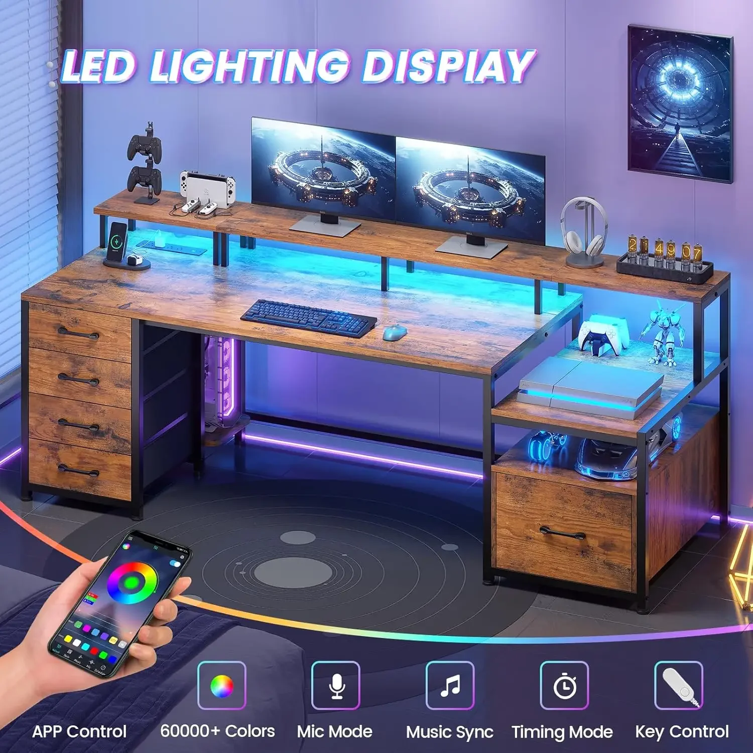 Home Office Desk with File Drawer & Power Outlet,  Storage Shelves, Monitor Shelf and Led Lights, 23.6" W Desktop Gaming