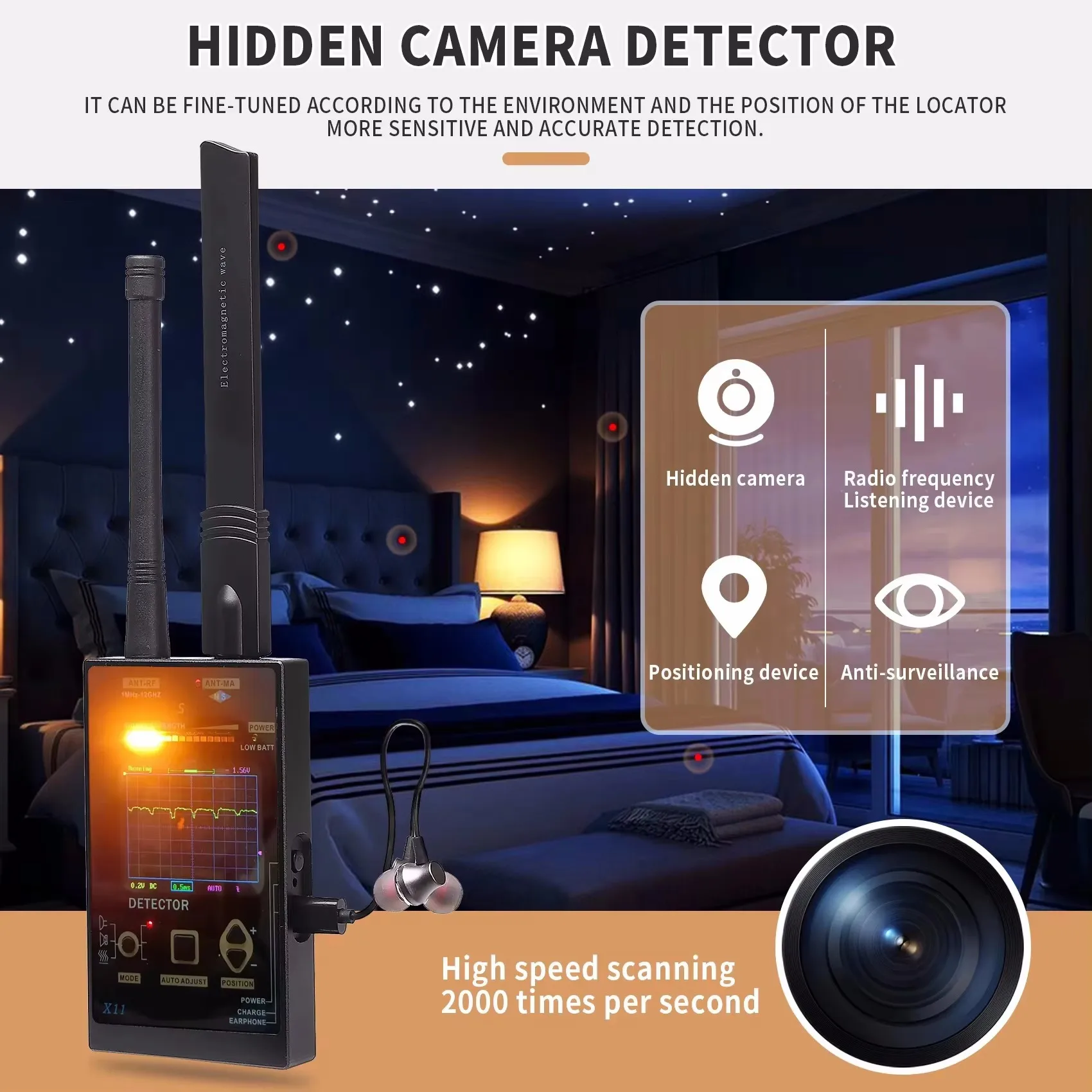 Dispositivo anti-spia portatile, rilevatore di bug e localizzatore GPS wireless, garantisce la privacy Rilevatore di telecamere wireless per scanner di segnale di sicurezza