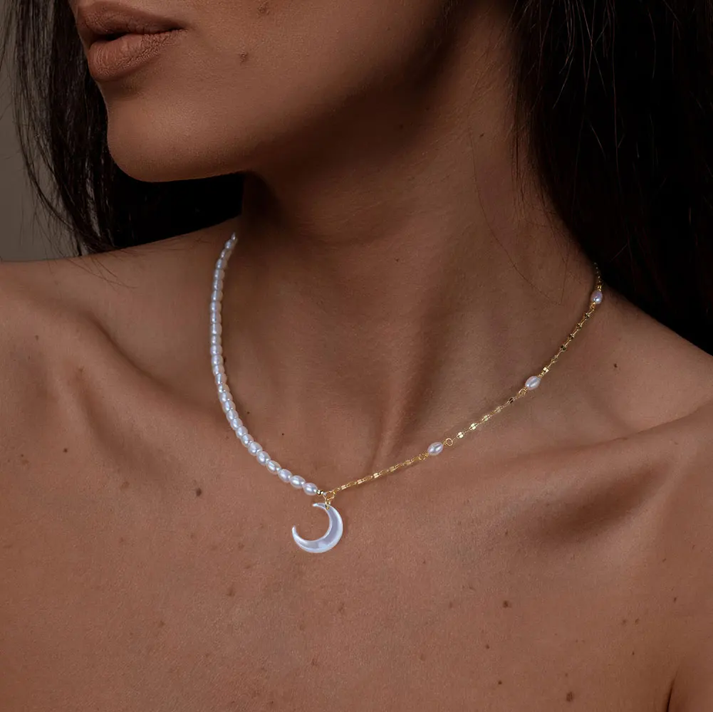 

Kiss Mandy Natural Freshwater Pearl Beads Necklace 925 Sterling Silver 14K Gold Plated Moon Pendant Chain Wedding Jewelry GPN53