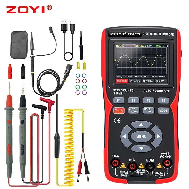 ZT-702S 2 in 1 Handheld Digital Automotive Oscilloscope Multimeter Single Channel 10MHZ Bandwidth 64Kbyte Record Length 48