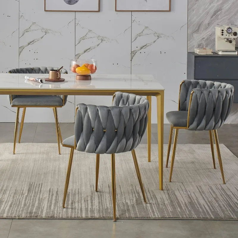 Velvet Dining Chairs Set of 4, Modern Upholstered Dining Room Chairs with Golden Metal Legs and Woven Backrest for Dining Room,