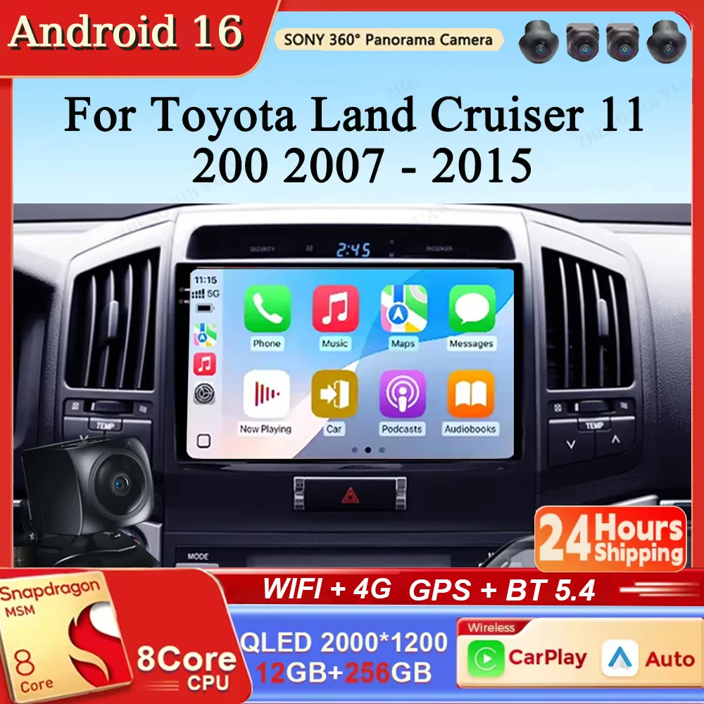 Android 16 QLED GPS WIF Carplay&Auto For Toyota Land Cruiser 11 200 2007 - 2015 Car Radio Navigation Multimedia Stereo Player BT