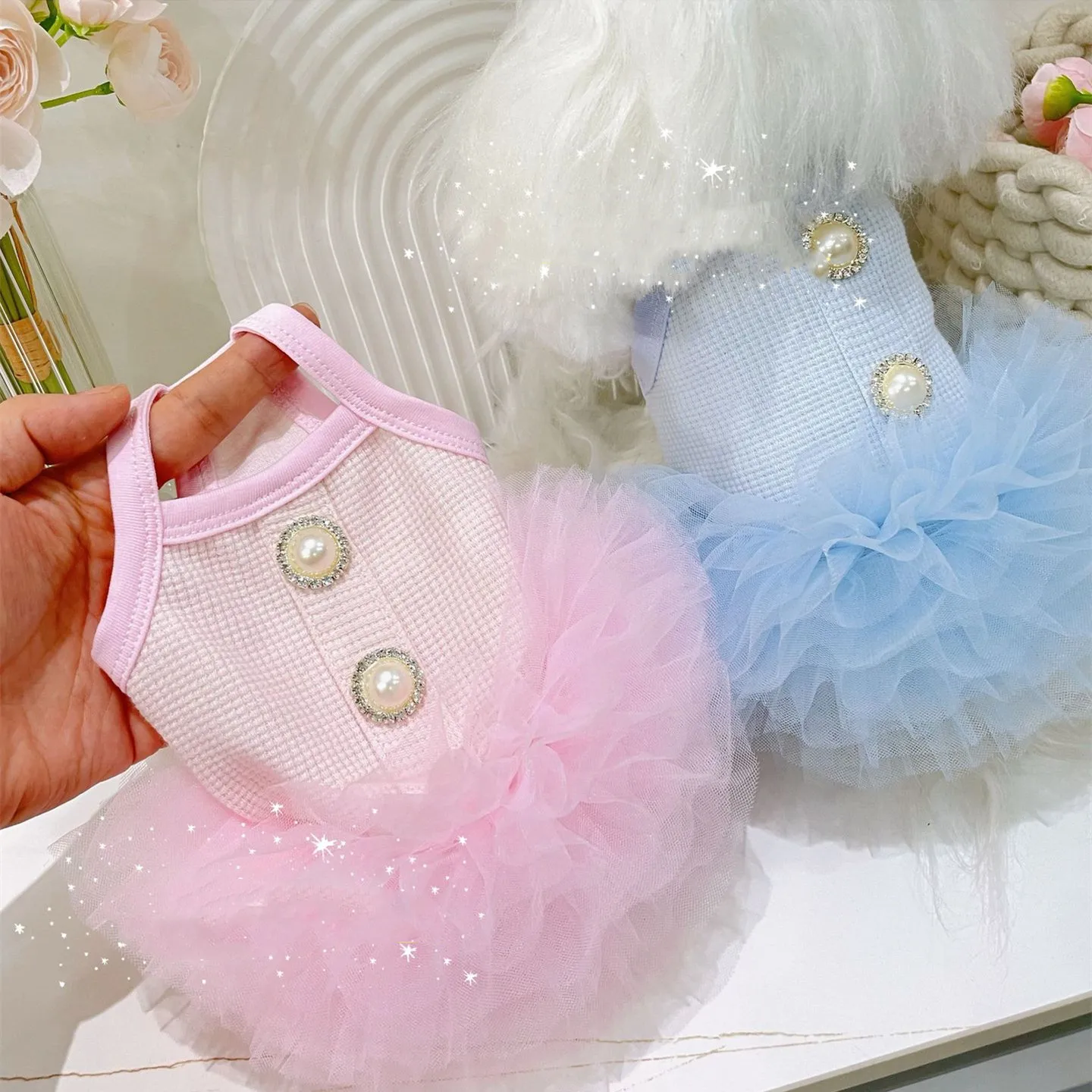 

Waffle Thick And Warm Pet Dress In Soft Pink Blue Small Dog Cat Strapless Princess Dress.