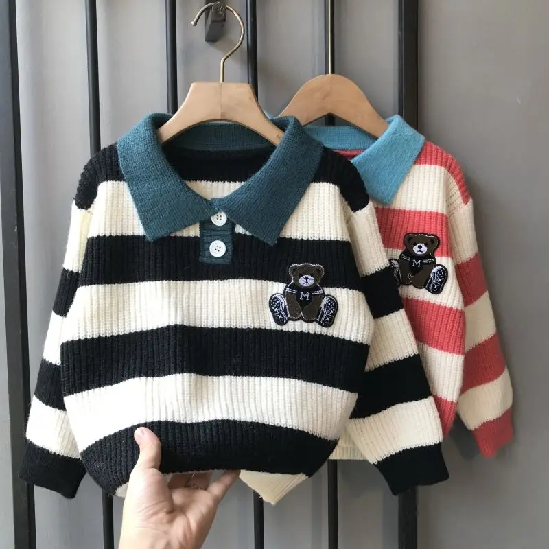 

Boys' Striped Lapel Sweater Autumn and Winter Clothing 2023 New Children's Polo Collar Knitted Bottoming Shirt Girls' Children's