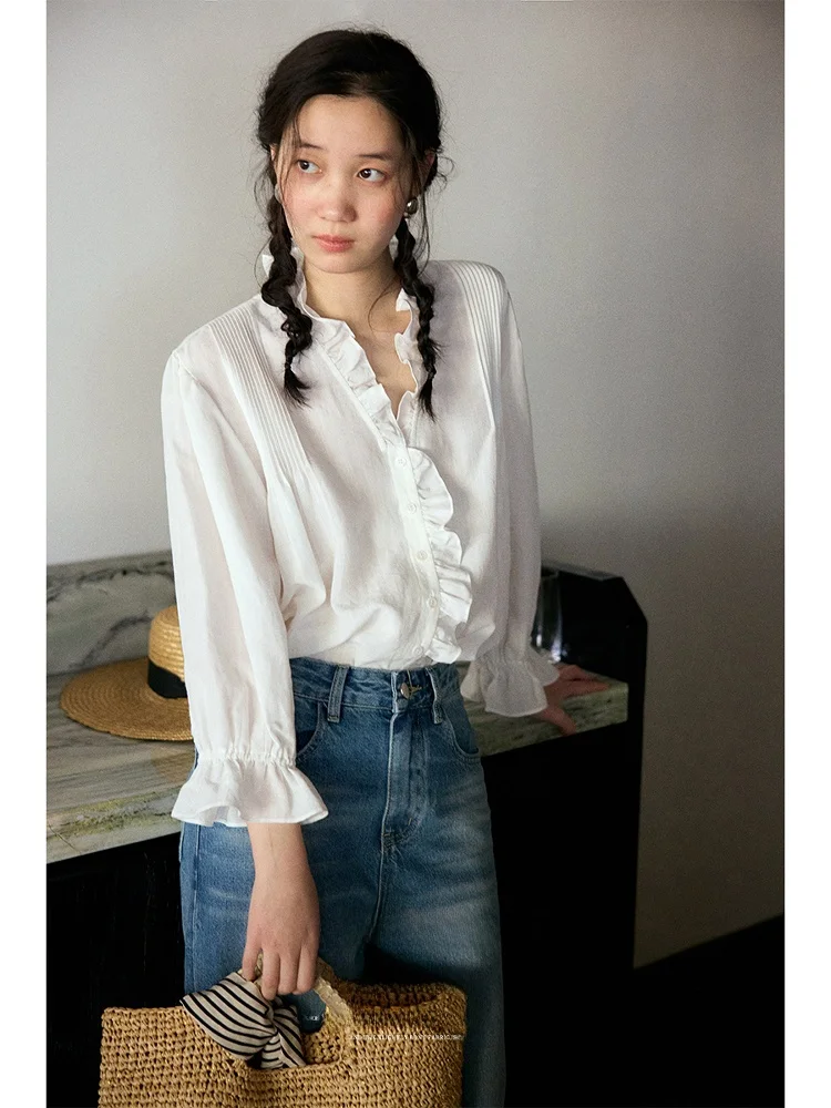 

Женская свободная блузка Lalaglow French Sle с защитой от солнца, V-образным вырезом, повседневная универсальная модель с кружевной отделкой, длинными рукавами, однотонная.