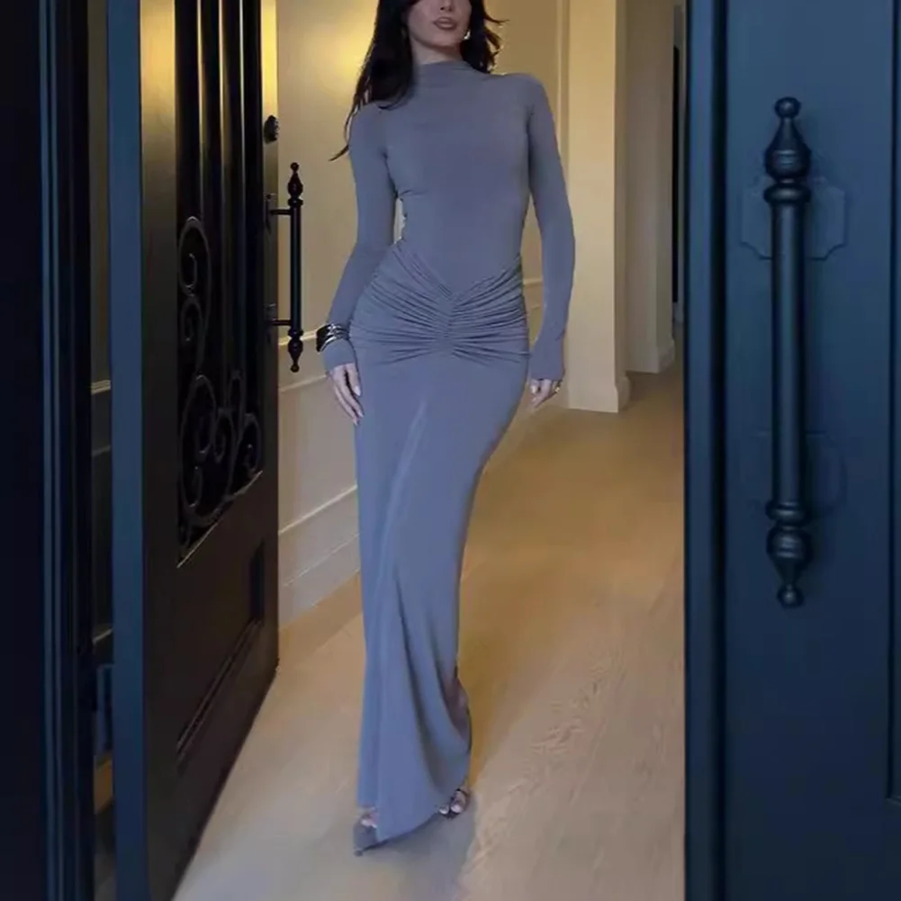 Robe cintrée femmes robe Maxi décontracté sortie soirée événement gris vacances printemps automne robe vacances vêtements