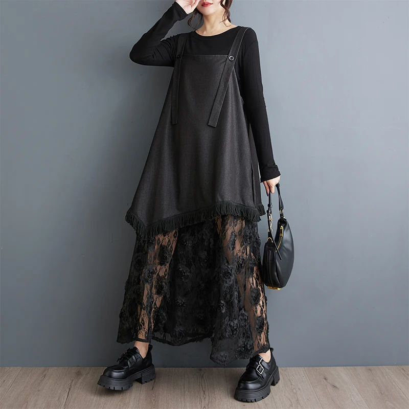 Autumn 2025 Hong Kong Sle Heavy Work 3D Flower Lace Patchwork Long Svel Dr Loose A-Line Skirt Ele Ladylike Print