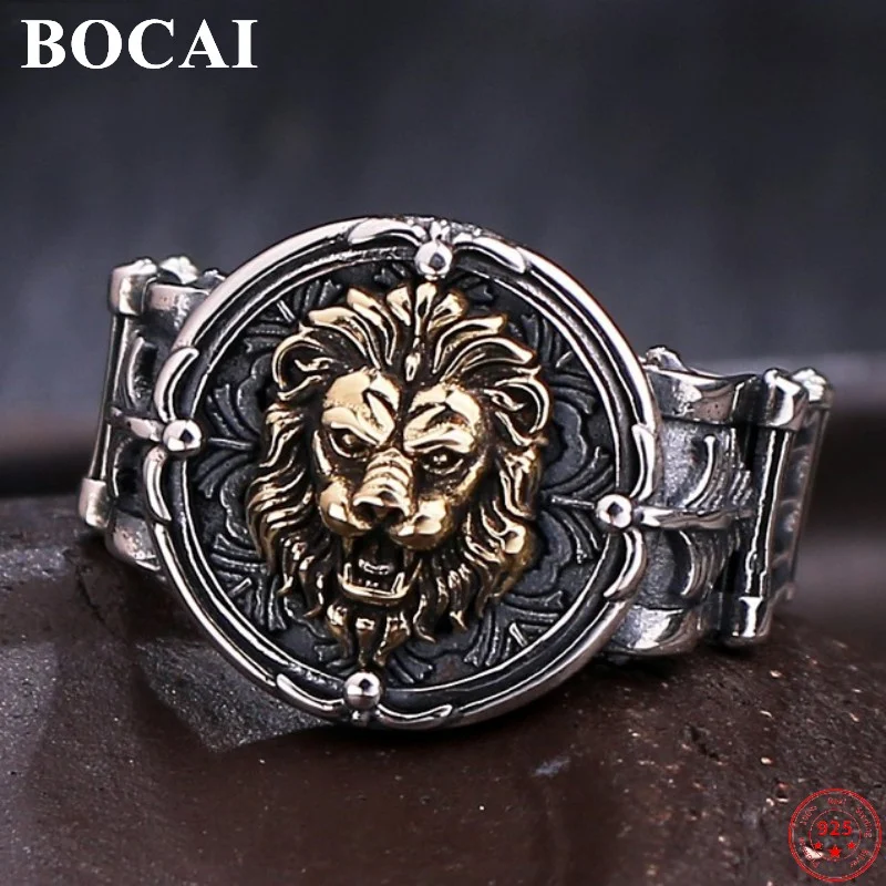 BOCAI S925 Sterling Silver Rings for Men Women Retro Golden Emboss Lion Head New Fashion Argentum Jewelry Wholesale