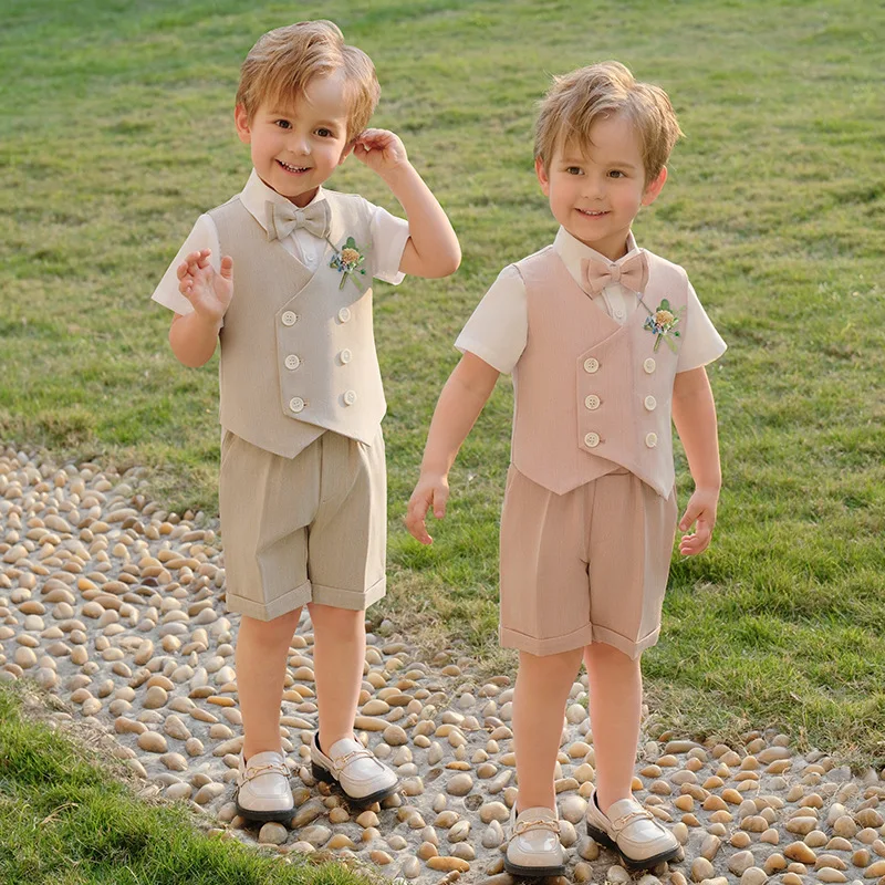 Children's Summer Suit Set Formal Elegant Baby Kids Wedding Suits Kids Boy Waistcoat Shorts Bowtie Outfit Set Kids Suit For Boys