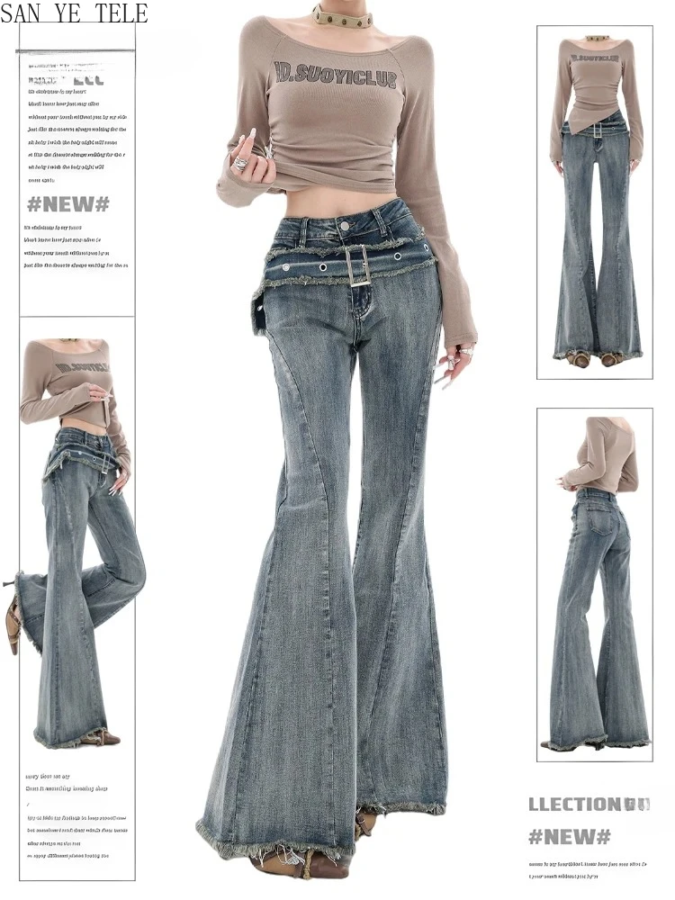 Dekorativer Blauer Gürtel für Schlaghosen, Japanische Mode Niedrig Sitzende Denim-Schlaghosen, Y2k Streetwear Schlanke Hosen