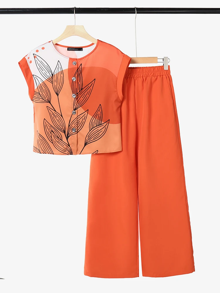 

ZANZEA Color-Blocked Printed Short Sleeve Tops Summer Suits Holiday Casual Wide Leg Pants Women Pant Sets Commute 2PCS Outfits