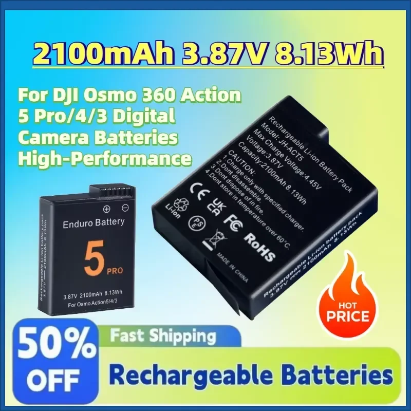 New 2100mAh 3.87V 8.13Wh Li-ion Rechargeable Battery for DJI Osmo 360 Action 5 Pro/4/3 Digital Camera Batteries