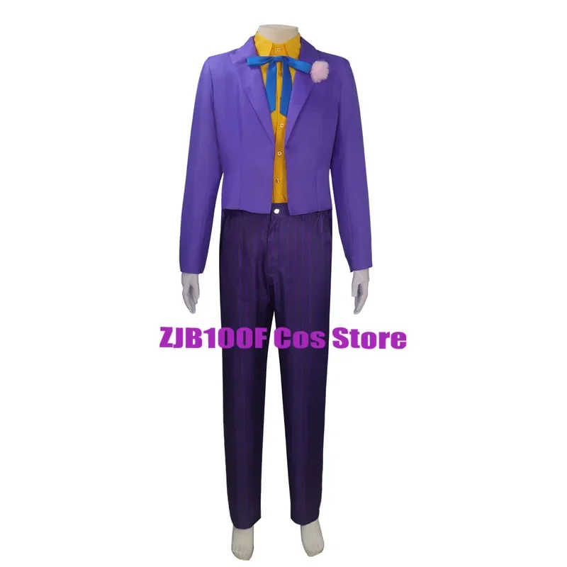 RT01 Clown Heath Ledger 코스프레 애니메이션 나이트 조커 Dovetail 정장 의상 보라색 자켓 유니폼 할로윈 파티 역할 Clown O * Jk2