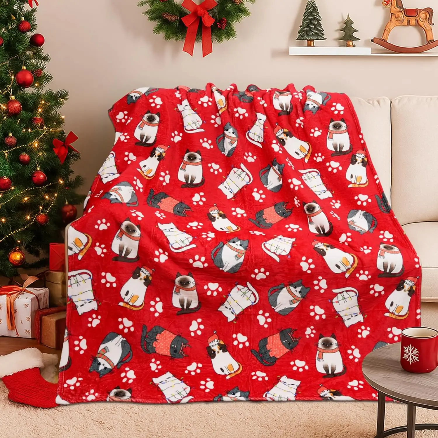Cat Christmas Blanket Red Christmas Winter Throw Blanket Ultra Soft Cozy for Home Sofa Couch and Bed Gifts for Fridend Family