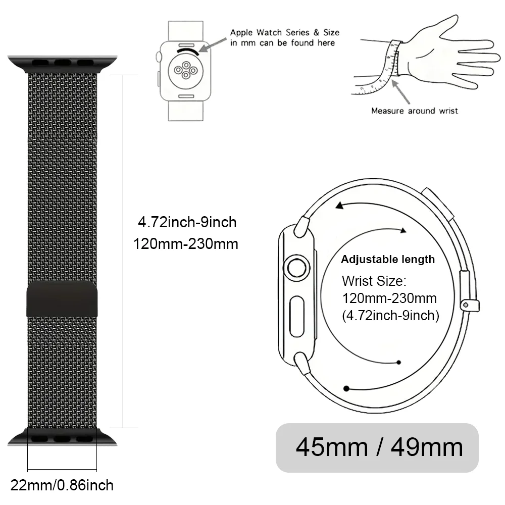 Milanese Metal Strap For Apple Band 42 43 45 49mm series Bracelet For Men Women(Colour: Silver Black Size:22mm)