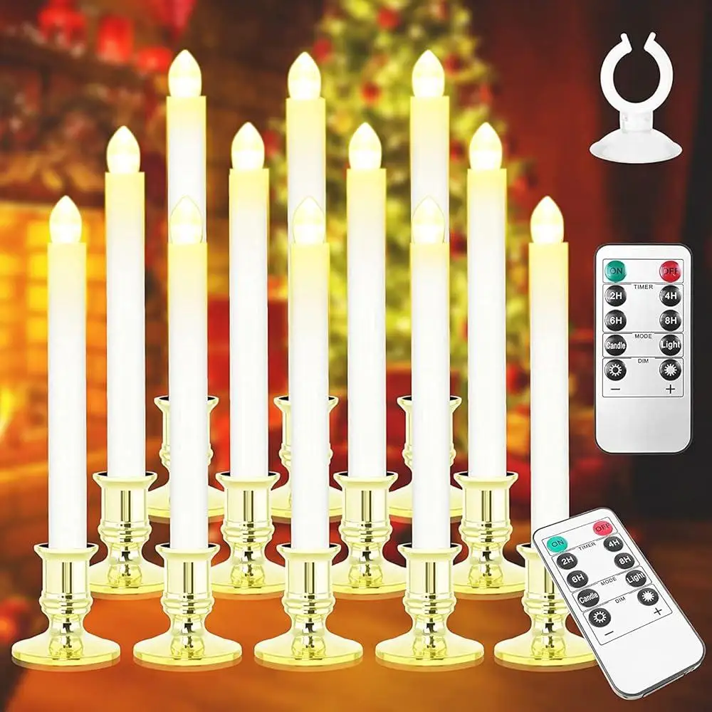 Battery Operated Window Candles 12 Pack Flameless LED Timer Remote Control Christmas Decorations Electric Candles with Holders