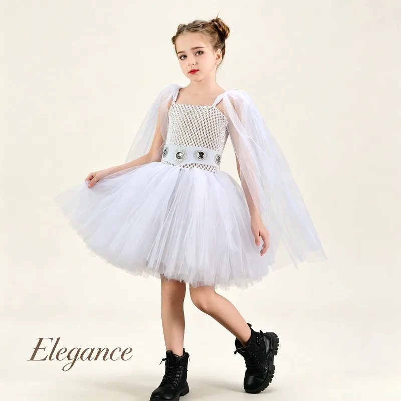 

White Fluffy Tulle Tutu Dress, Halloween Cosplay Costume, Elegant Party Performance Ball Gown for Festival Theme Party Role Play