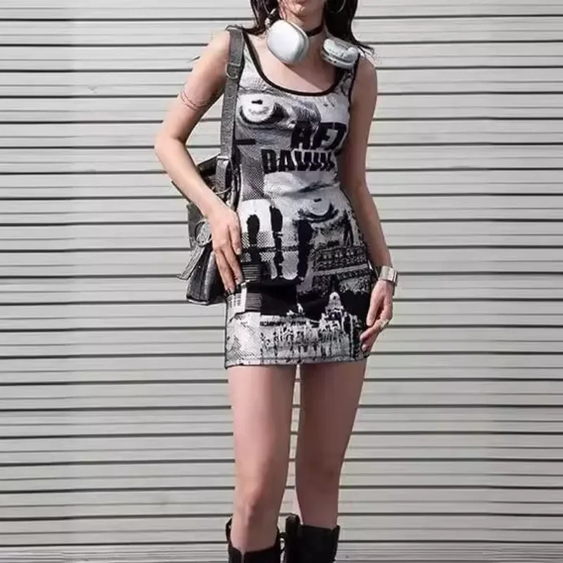 Sexy Hip Hop Sling Sleeveless Dresses Y2k Aesthetic Gothic Print Sexy Slim Fit Shesth Clothing American Streetwear Girl Dress