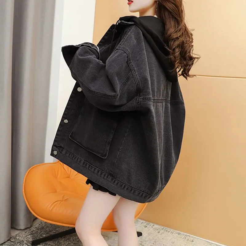 

Casual Black Hooded Denim Jacket Women's Boyfriend Style Loose fitting Jeans Coats Washing Autumn Clothing Street Clothing Jeans