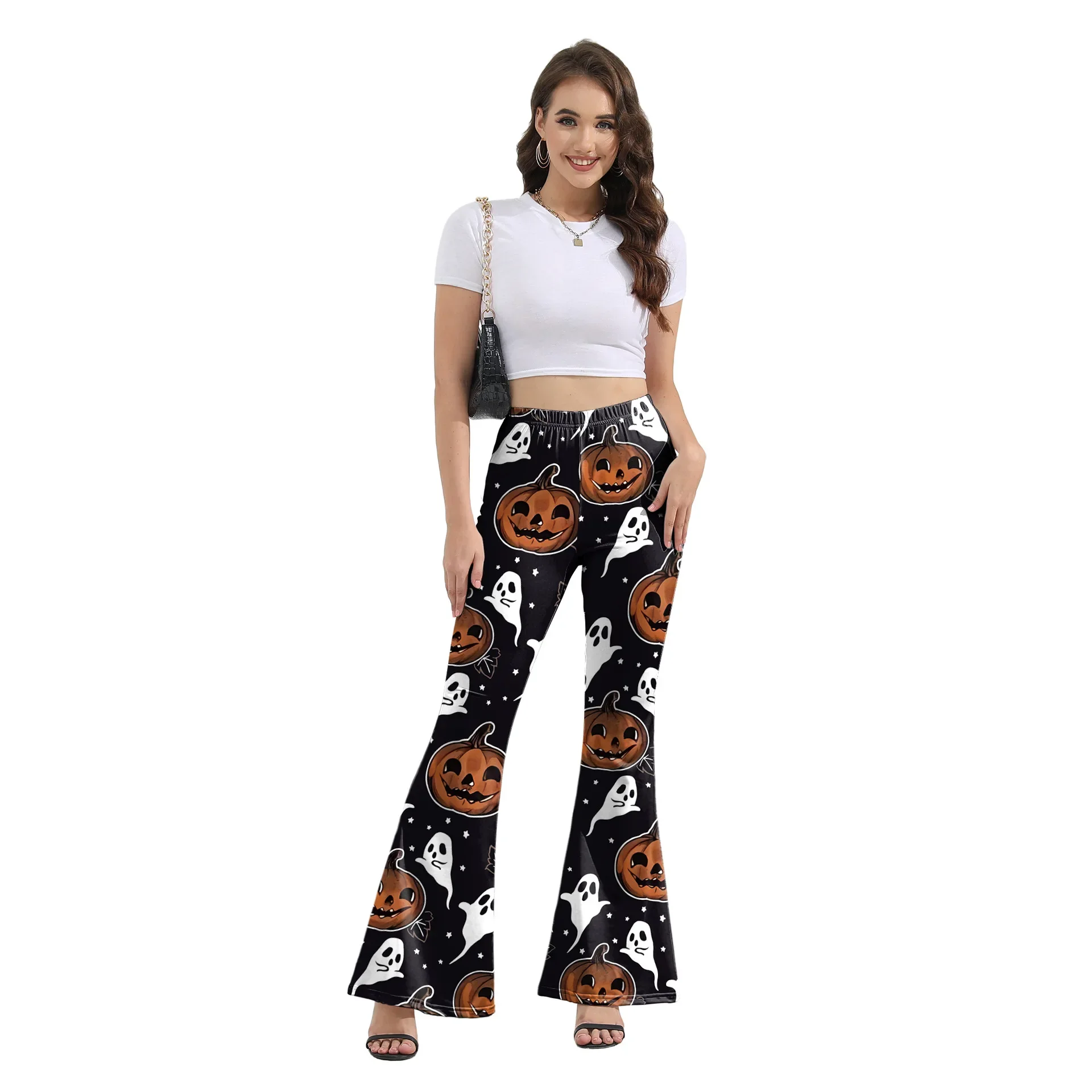 Halloween Printed Women's Flare Pants 2024 Autumn Fashion Pumpkin Bat Stretch Bottom Party Club Streetwear