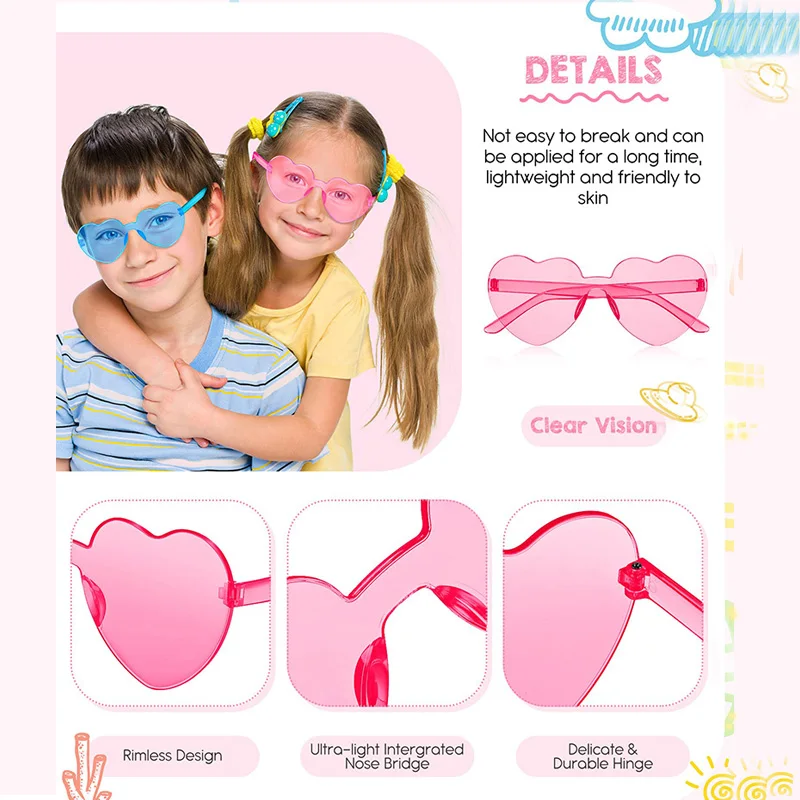 12-100Pcs Heart Shaped Sunglasses for Classroom Exchange Gift Classroom Prizes Rimless Heart Shaped Glasses Birthday Party Favor