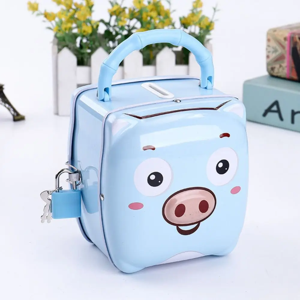 Cartoon Piggy Money Bank Tinplate with Lock Key Coins Storage Box Pig Shape Coin Bank Money Saving Box For Children Gift