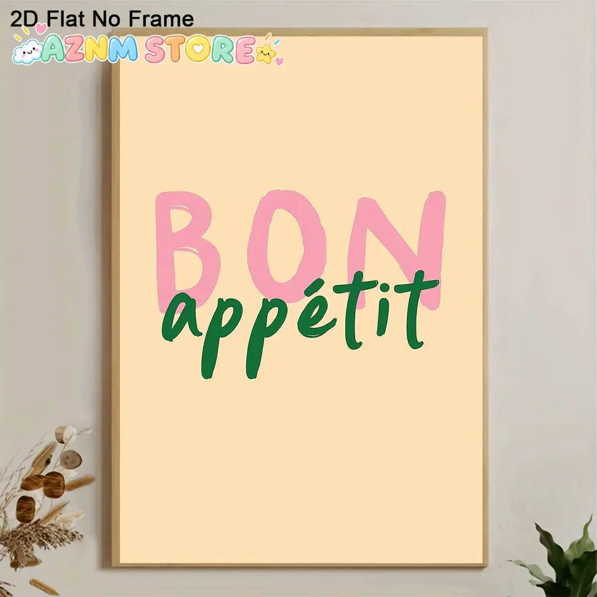 2D Flat, 2D Flat, A 2D Flat, Single Piece Frameless Canvas Poster Showcasing The Phrase 'Bon Appetit' in Pink And Green Again