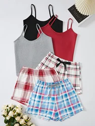 Three sets of women's pajamas new style solid color halter top plaid shorts casual home wear comfort set