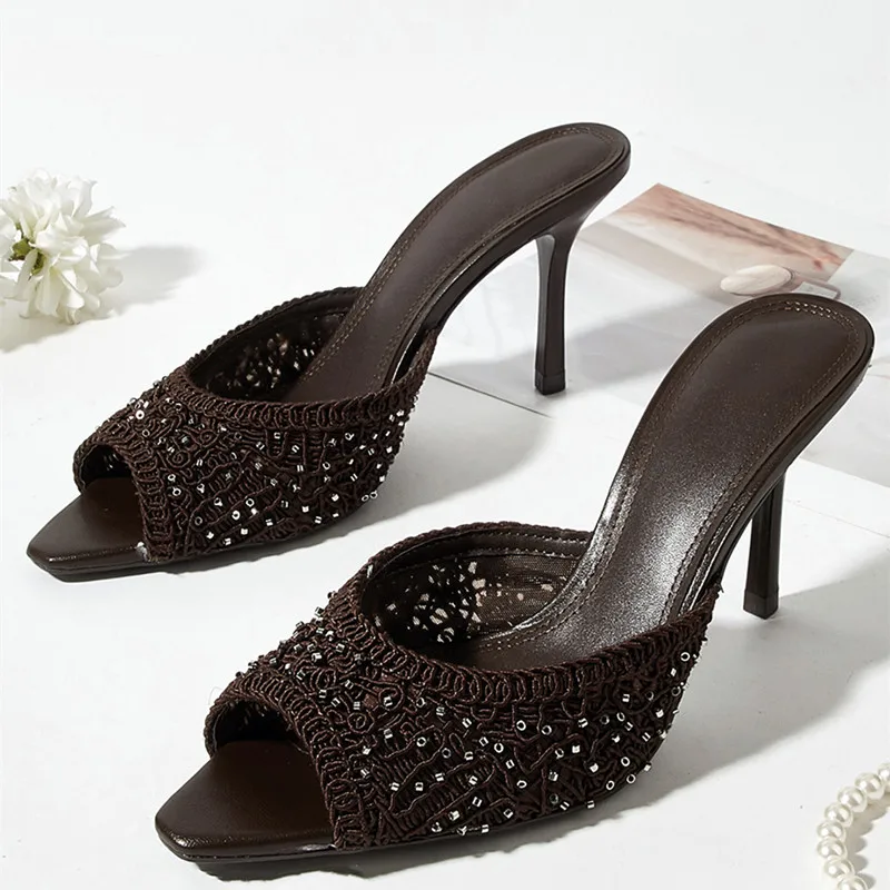 

Коричневые плетеные женские шлепанцы с открытым носком на высоком каблуке, роскошные мюли-сандалии с декором из страз, элегантная обувь