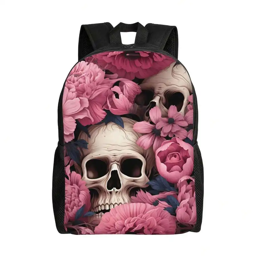 Skull And Floral Print Fashion Backpack For Adults, Shockproof Daily Use Bag