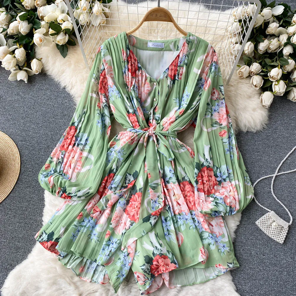 

Ladies V-Neck Chiffon Floral Short Jumpsuit Elegant Women Lace-Up Baller Sleeves Boho Playsuit Holiday Summer One-Piece Outfits