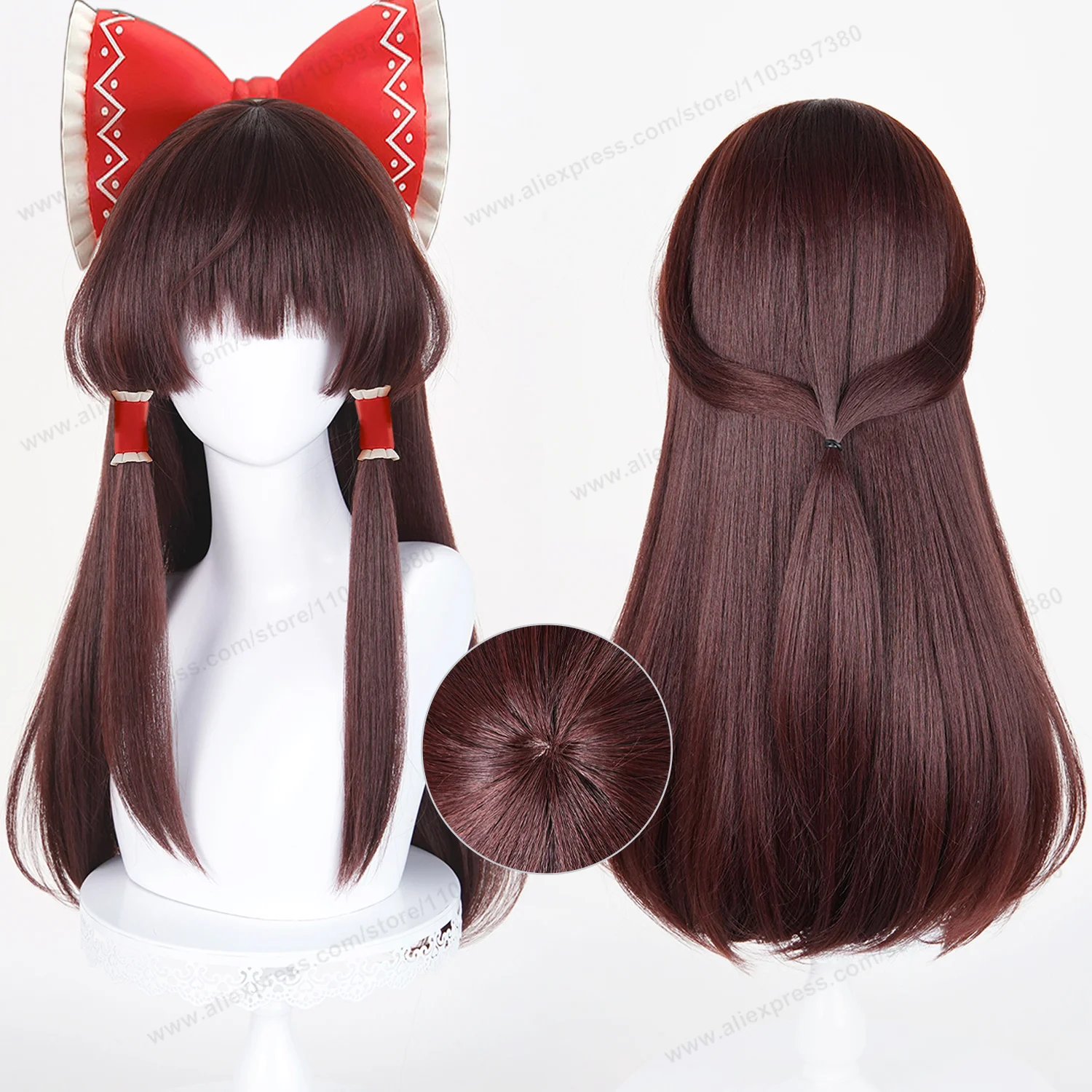 Hakurei Reimu Cosplay Wig 60cm Long Women Hair Anime Cosplay Wig Halloween Heat Resistant Synthetic Wigs