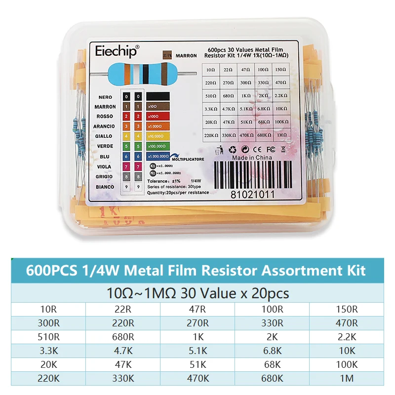 600pcs/lot 1/4W 0.25W Resistor Pack Assorted Box Diy Metal Film Resistors Kit 30Values* 20pcs (10 Ohms~1M Ohm) Resistance