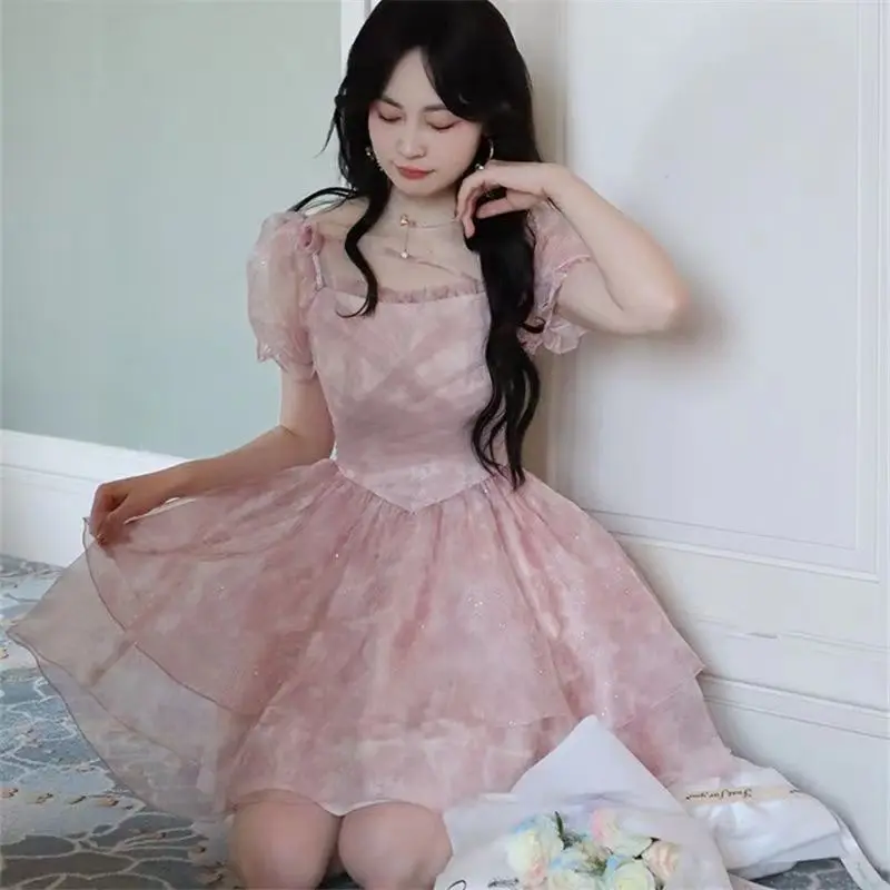 Summer Pink Kawaii Lolita Dress Women 2024 Print Korea Cute Party Mini Dress Female Puff Sleeve Beach Casual Elegant Fairy Dress