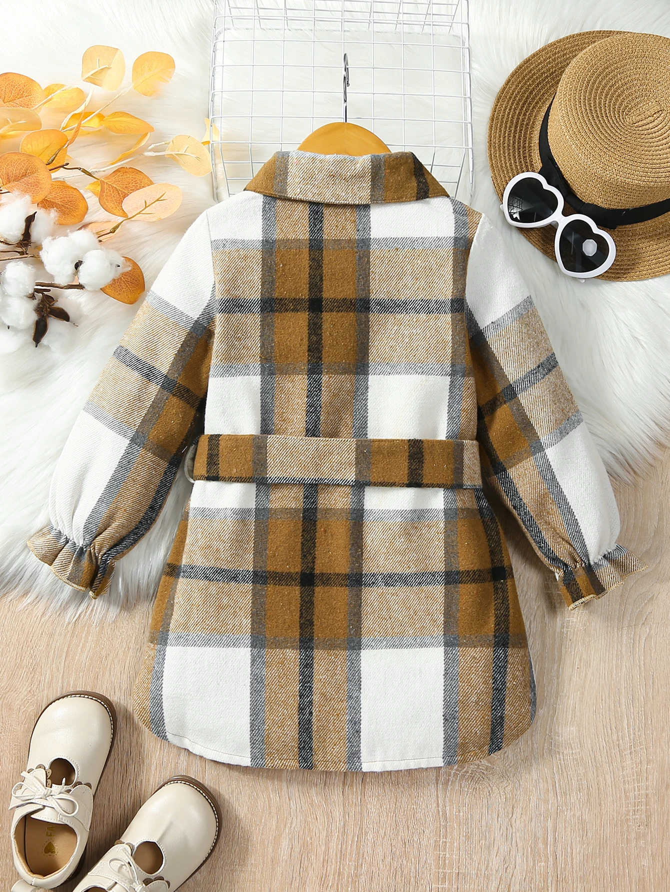 Girls' fashionable casual plaid brushed woven fabric long sleeved lapel shirt dress (including belt) autumn and winter