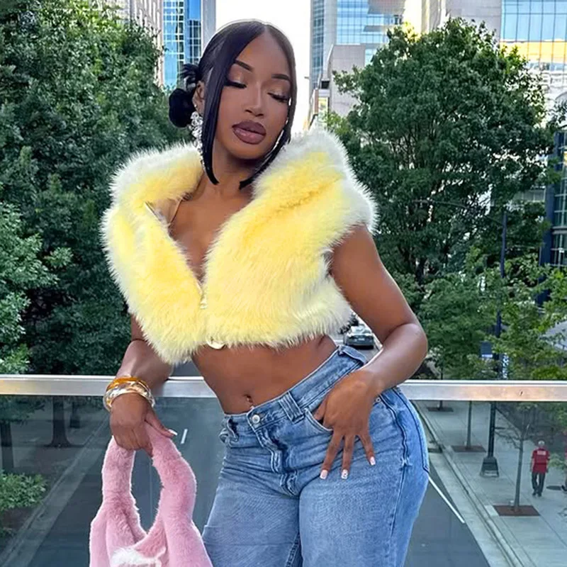 2025 Fall Winter Solid Faux Fur Hooded Jackets Vests Women Sleeveless Zipper Warm Coats Casual Furry Outerwear Cropped Tops