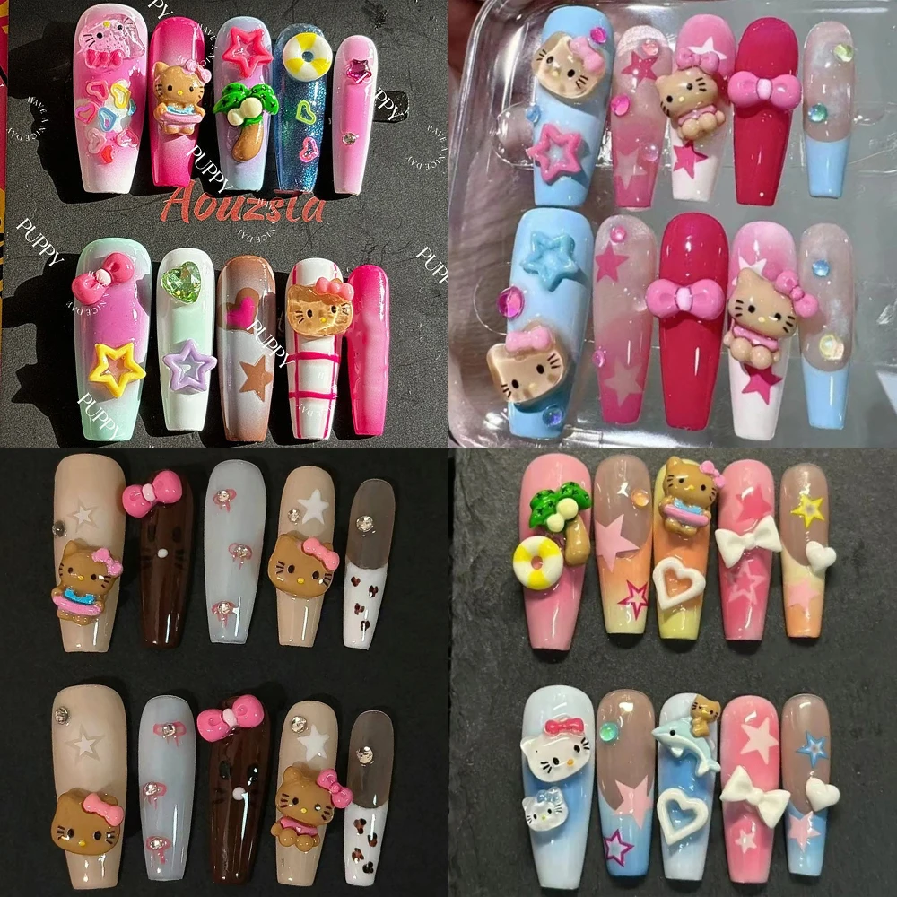 10 stuks Sanrio zwarte huid Hello Kitty Franse handgemaakte nep nagel Hottie Y2K luipaardprint boog strass acryl partij nagelsticker